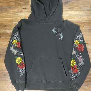 Dark Grey Hoodie with Colorful Floral and Fish Design